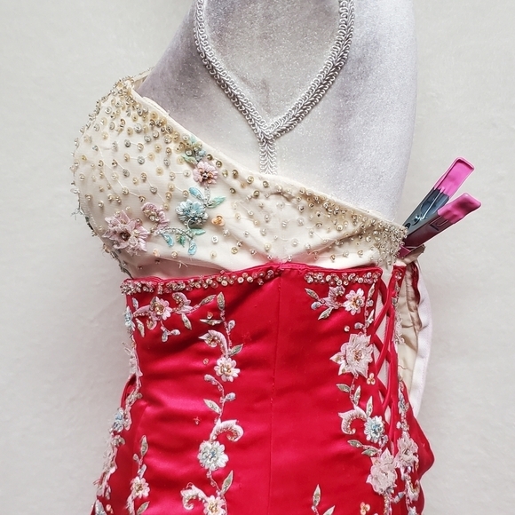 Vintage Precious Formals Special Made Magenta Beaded Floral Lace Tulle Ball Gown - Picture 8 of 16